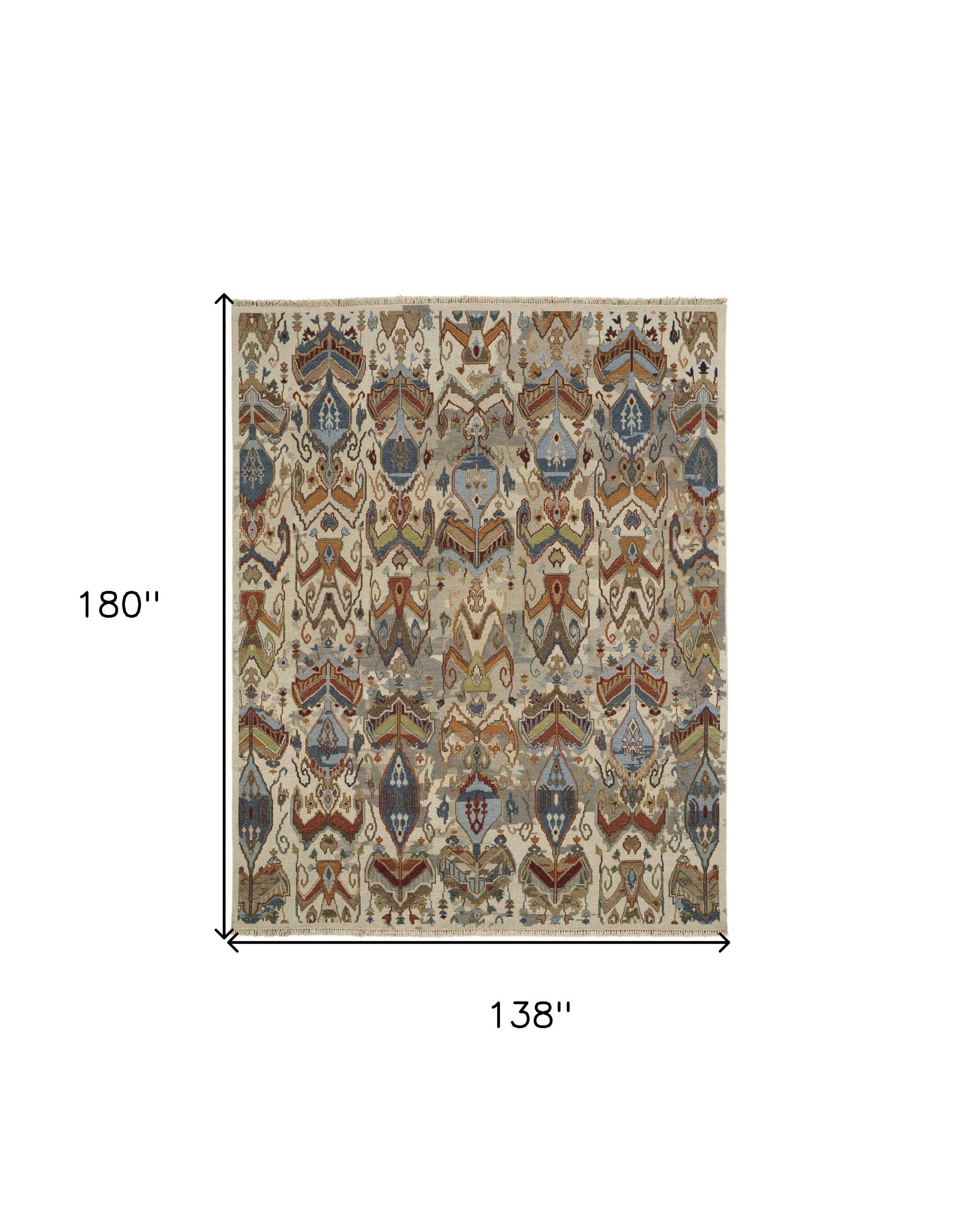 12' X 15' Ivory Blue and Brown Wool Ikat Hand Knotted Area Rug With Fringe