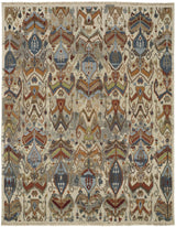 12' X 15' Ivory Blue and Brown Wool Ikat Hand Knotted Area Rug With Fringe