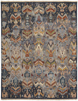 12' X 15' Ivory Blue and Brown Wool Ikat Hand Knotted Area Rug With Fringe