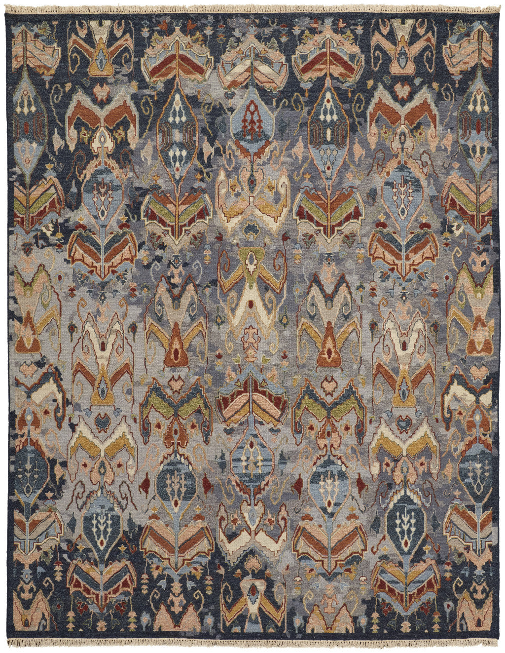 12' X 15' Ivory Blue and Brown Wool Ikat Hand Knotted Area Rug With Fringe