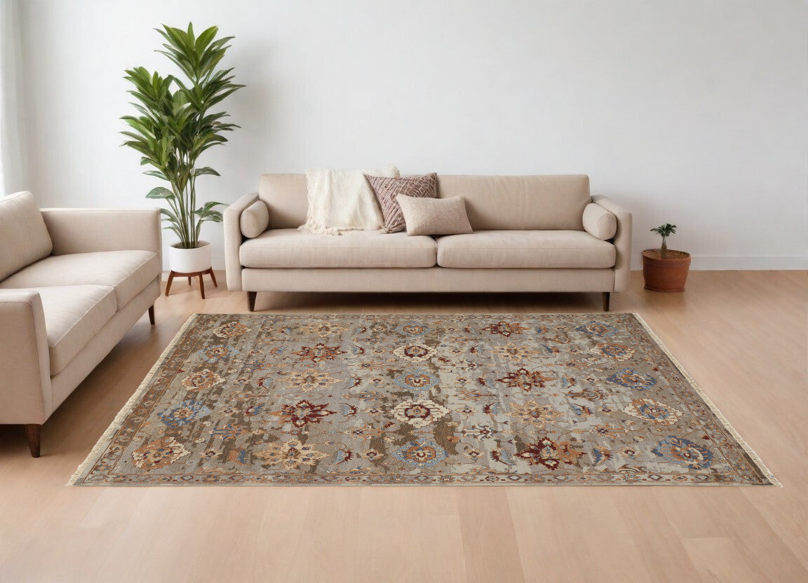 6' X 9' Tan Brown and Gray Wool Floral Hand Knotted Area Rug With Fringe