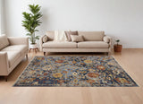 12' X 15' Blue Gray and Red Wool Floral Hand Knotted Area Rug With Fringe