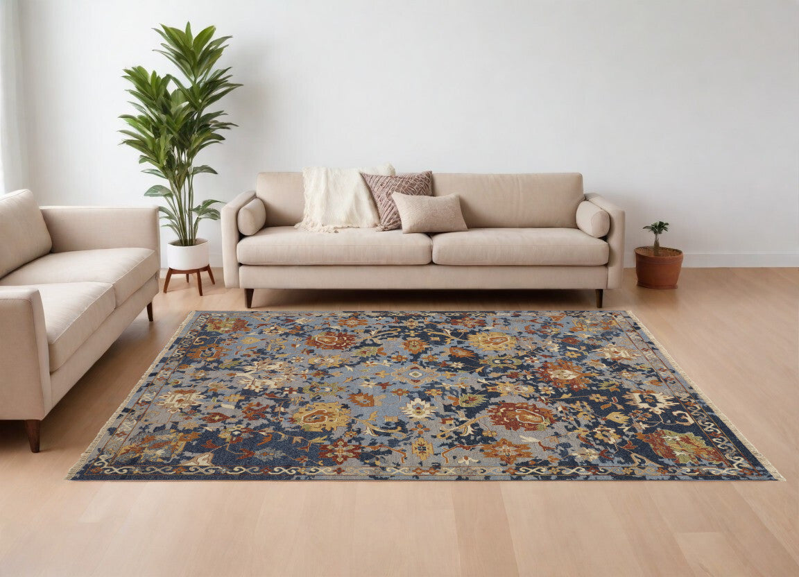 12' X 15' Blue Gray and Red Wool Floral Hand Knotted Area Rug With Fringe