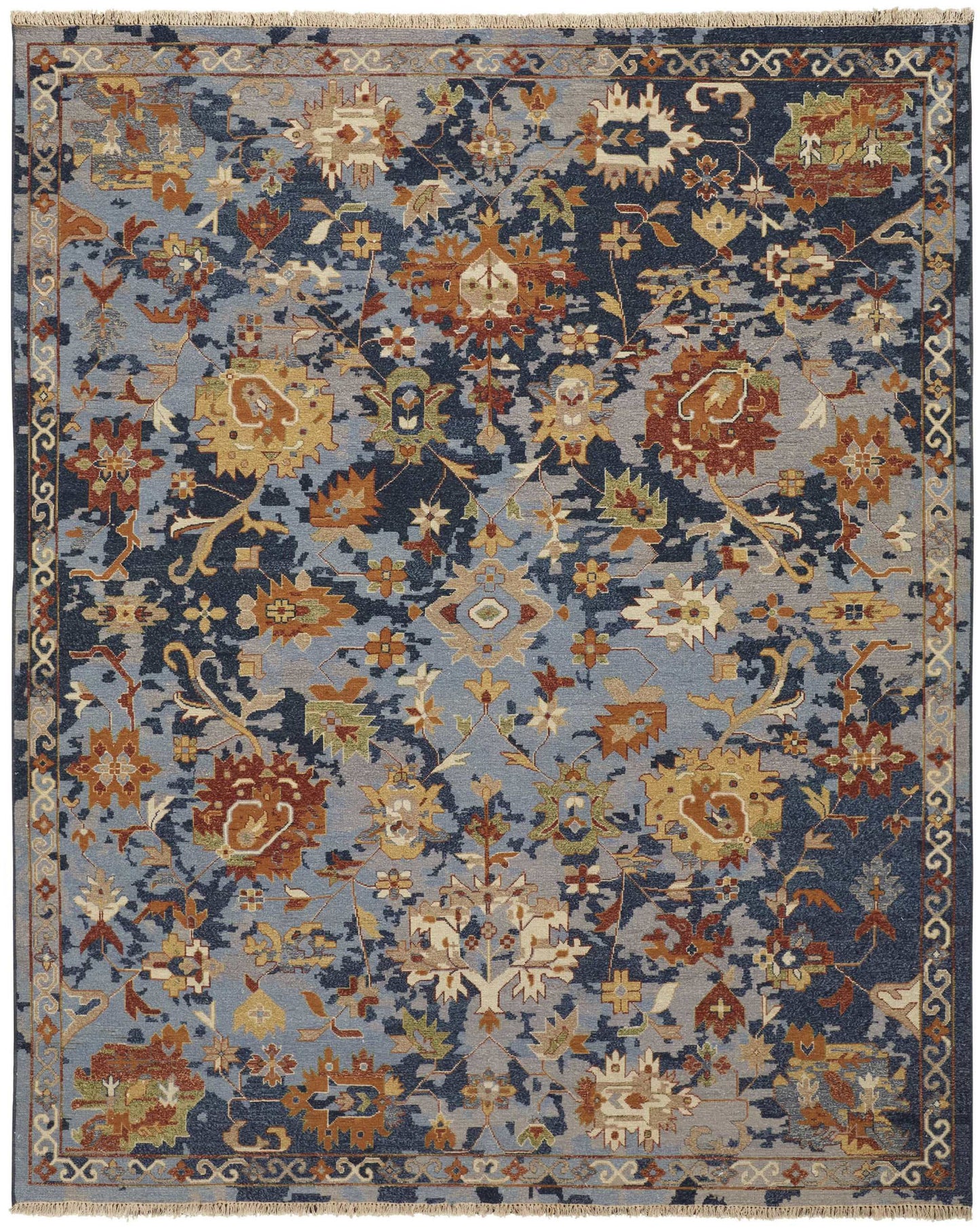 12' X 15' Blue Gray and Red Wool Floral Hand Knotted Area Rug With Fringe