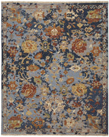12' X 15' Blue Gray and Red Wool Floral Hand Knotted Area Rug With Fringe
