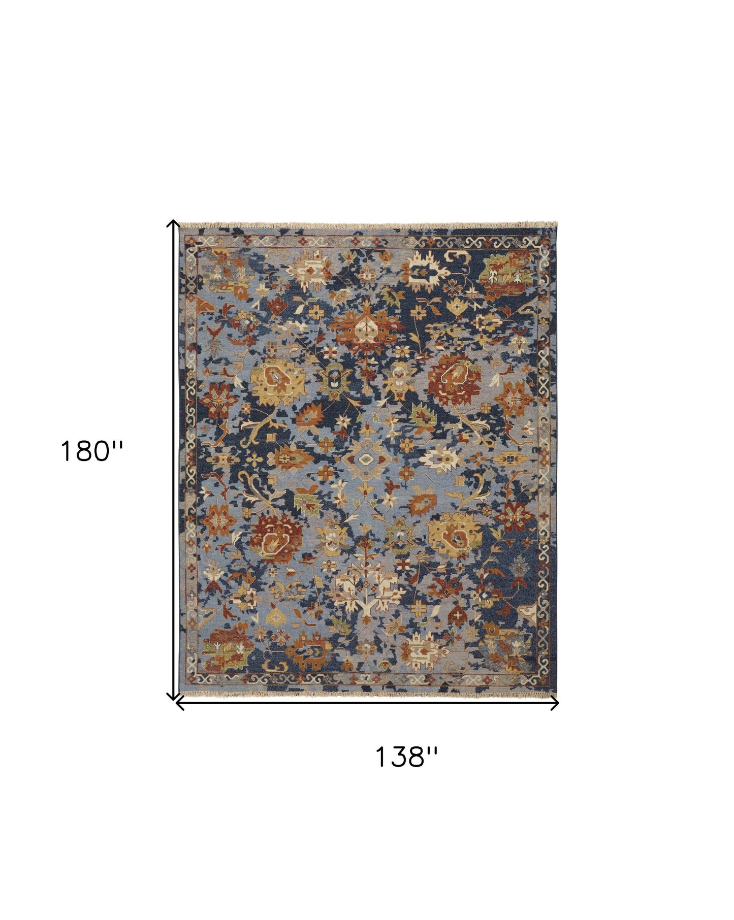 12' X 15' Blue Gray and Red Wool Floral Hand Knotted Area Rug With Fringe