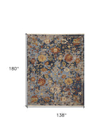 12' X 15' Blue Gray and Red Wool Floral Hand Knotted Area Rug With Fringe