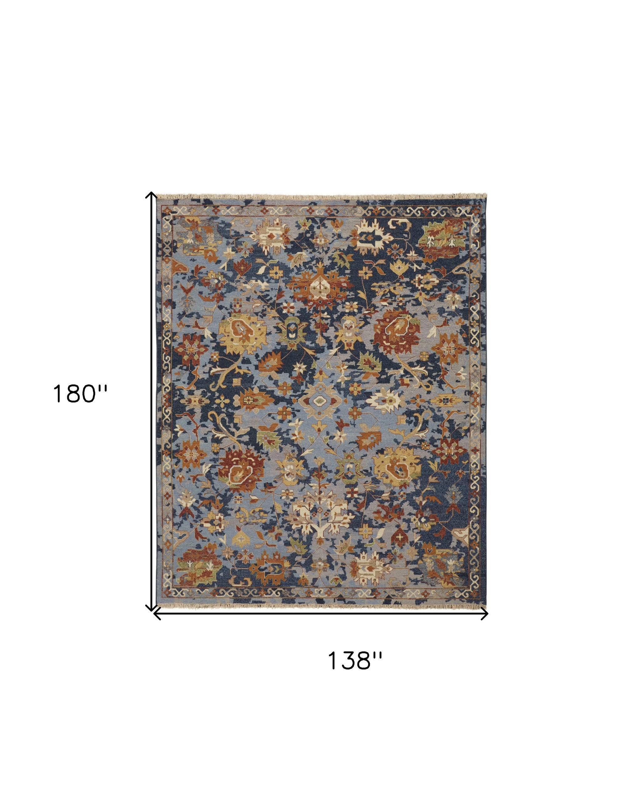 12' X 15' Blue Gray and Red Wool Floral Hand Knotted Area Rug With Fringe