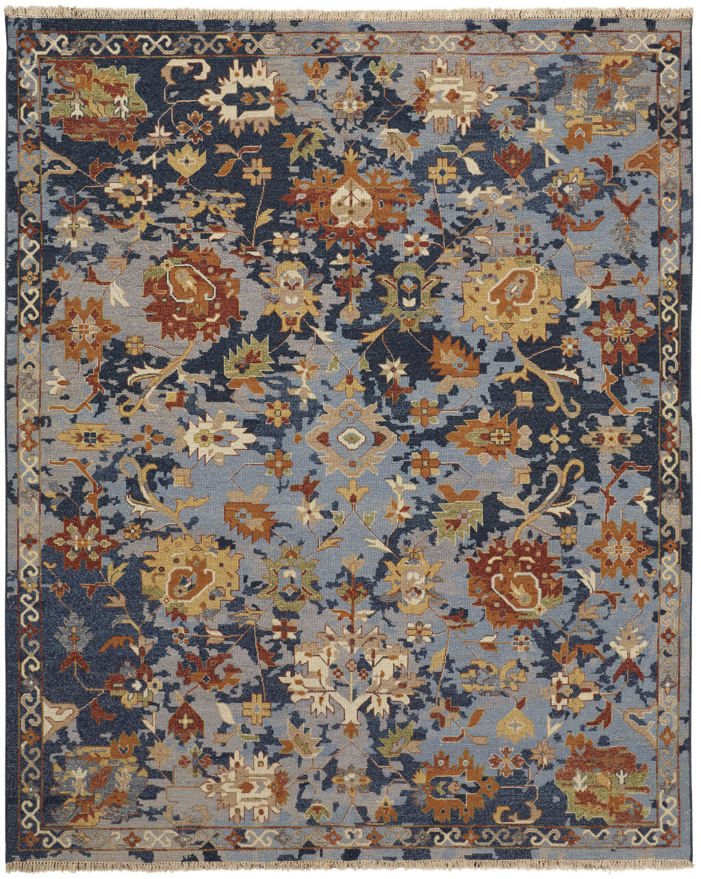 12' X 15' Blue Gray and Red Wool Floral Hand Knotted Area Rug With Fringe