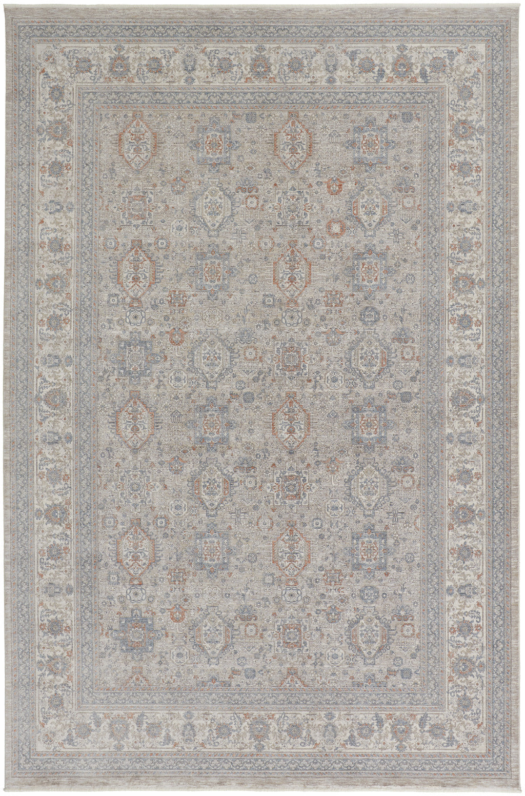 7' X 10' Silver Taupe and Blue Oriental Power Loom Worn Faded Area Rug With Fringe
