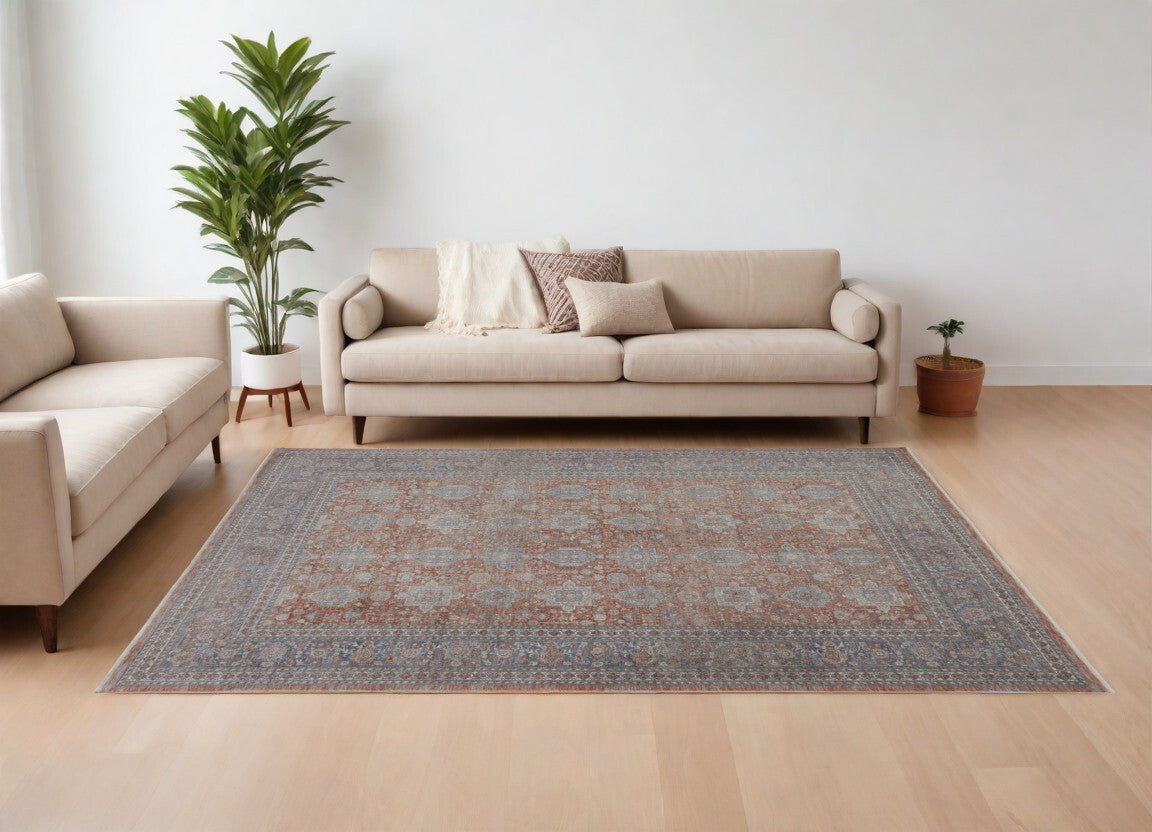 7' X 10' Blue and Red Oriental Power Loom Worn Faded Area Rug With Fringe
