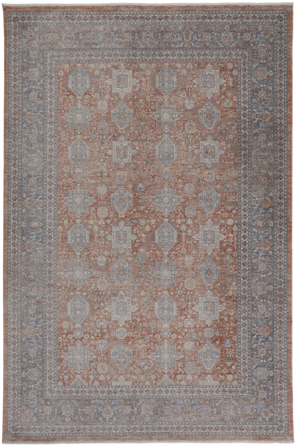 8' X 10' Blue and Red Oriental Power Loom Worn Faded Area Rug With Fringe