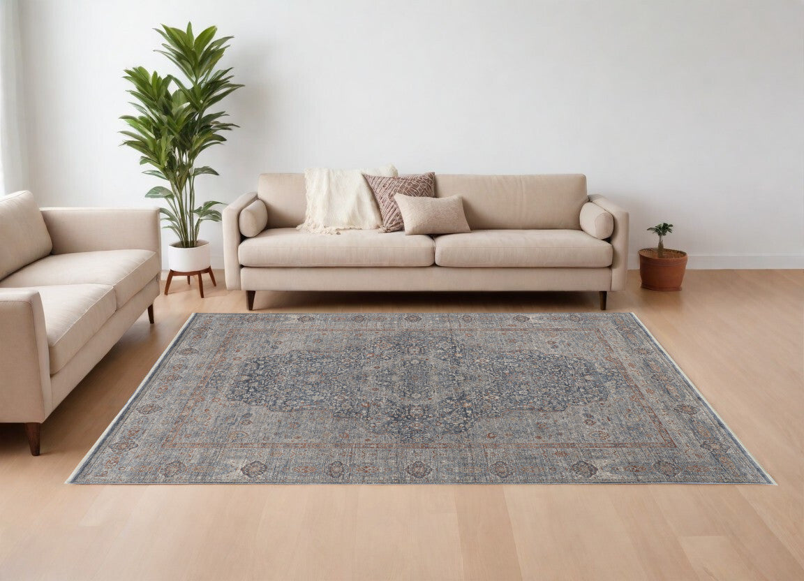 8' X 10' Gray Blue and Red Oriental Power Loom Worn Faded Area Rug With Fringe