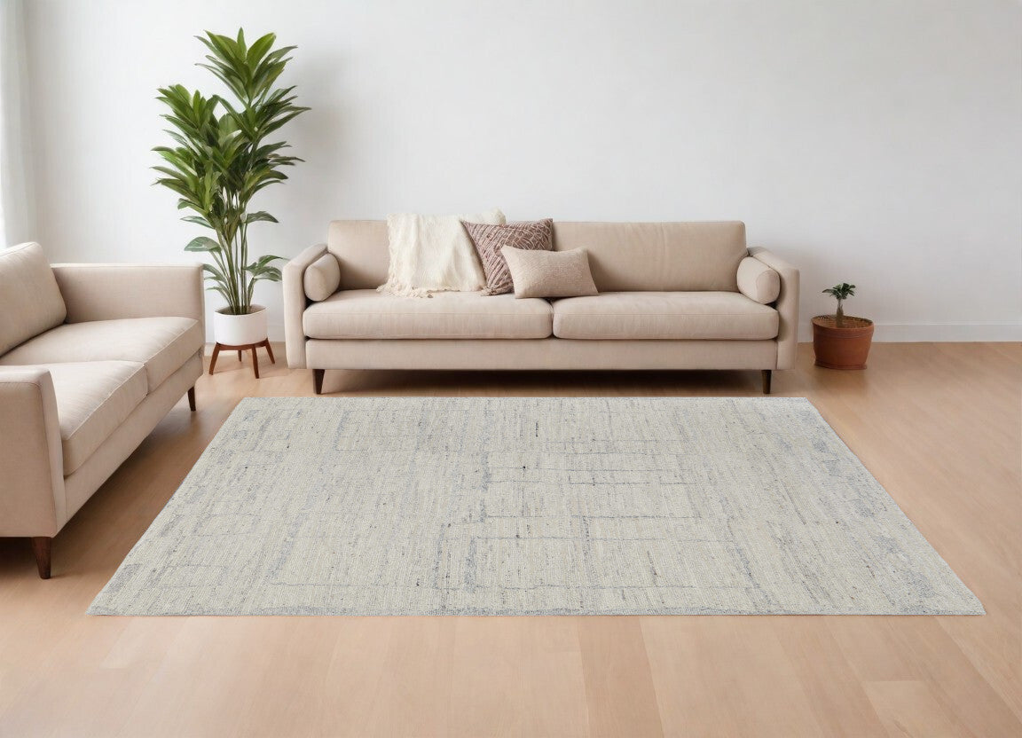 12' X 15' Gray and Ivory Abstract Hand Woven Worn Faded Area Rug