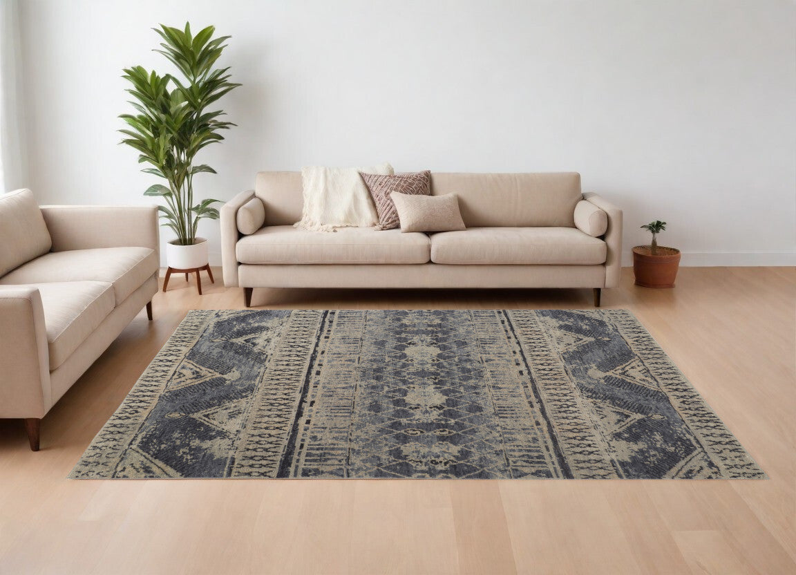 9' X 13' Gray Blue and Ivory Wool Floral Hand Knotted Area Rug