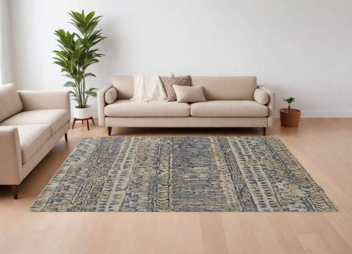 8' X 10' Gray and Blue Wool Geometric Hand Knotted Area Rug