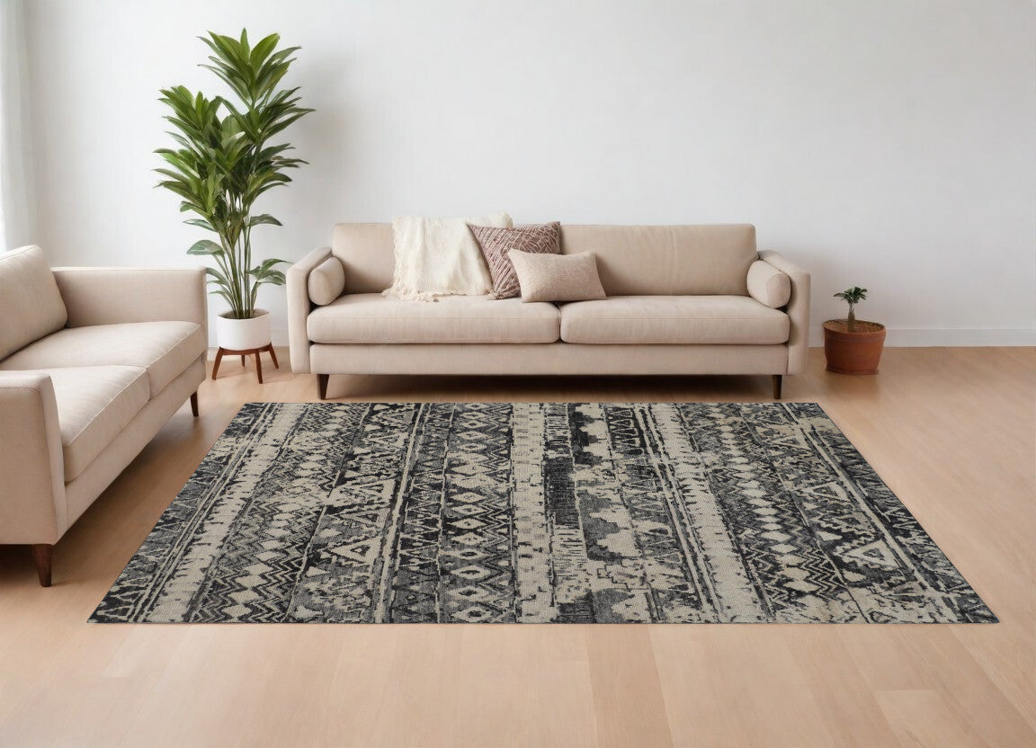 8' X 10' Ivory Gray and Black Wool Geometric Hand Knotted Area Rug