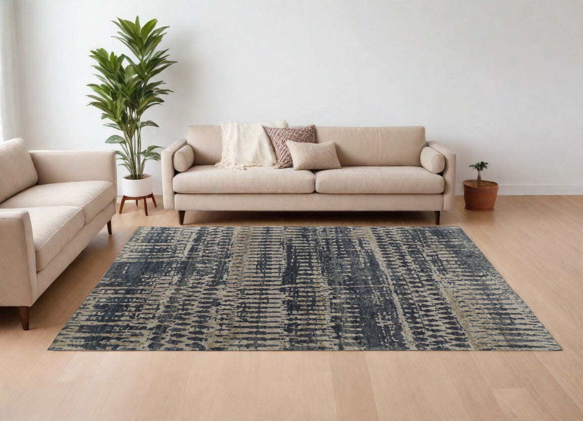 6' X 9' Blue Gray and Tan Wool Abstract Hand Knotted Area Rug