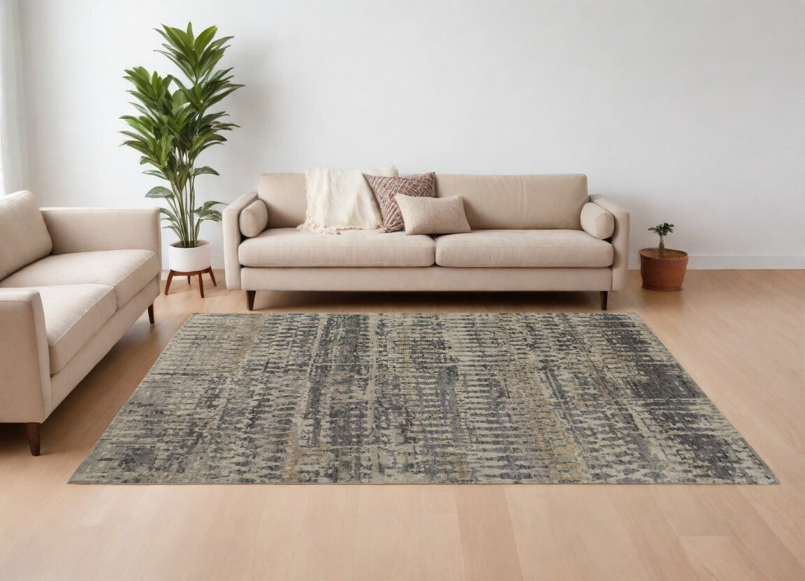 8' X 10' Gray Taupe and Ivory Wool Abstract Hand Knotted Area Rug
