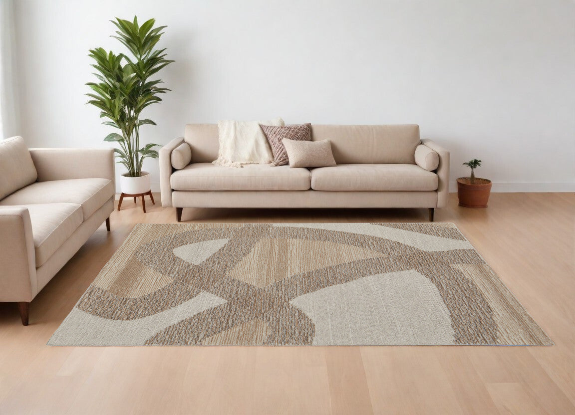 9' X 12' Brown Tan and Ivory Wool Abstract Hand Tufted Area Rug