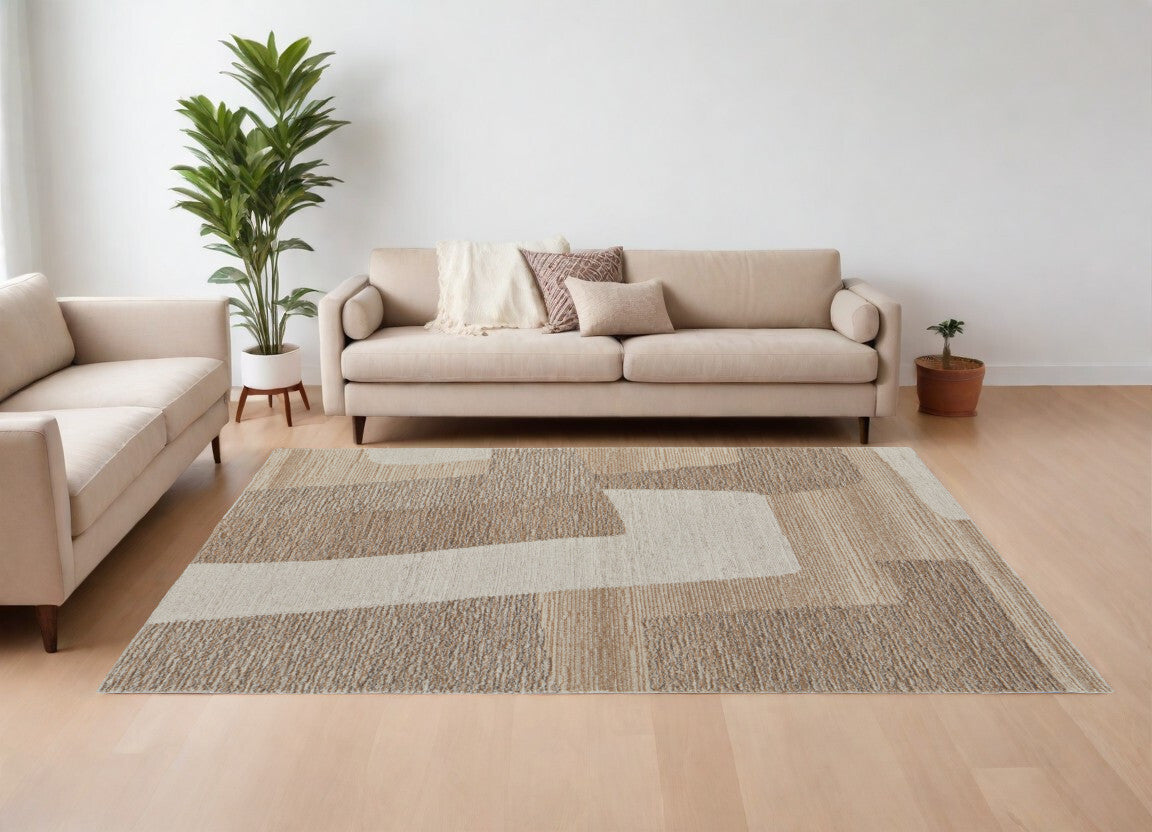 9' X 12' Brown Tan and Ivory Wool Abstract Hand Tufted Area Rug