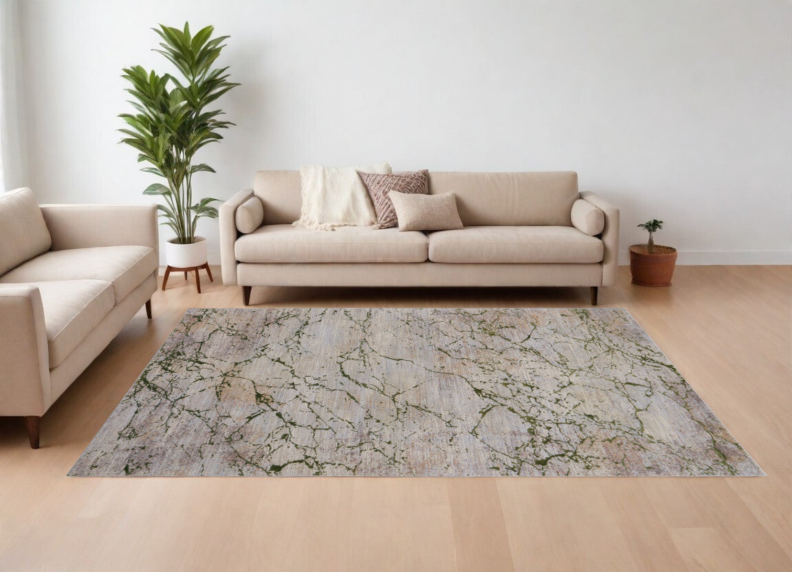 10' X 13' Taupe Green and Tan Abstract Power Loom Area Rug