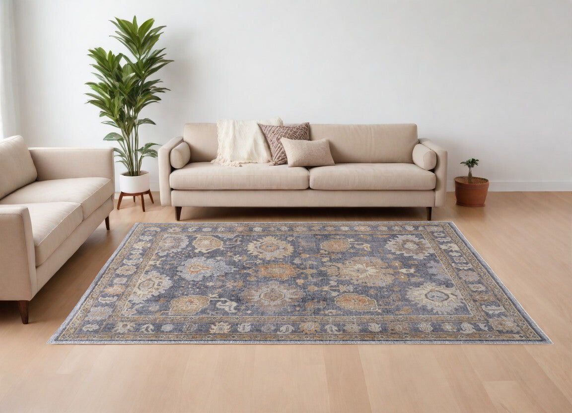 9' X 12' Blue Gray and Tan Oriental Hand Knotted Worn Faded Area Rug