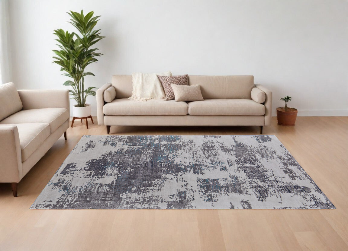10' X 14' Ivory Brown and Blue Abstract Hand Tufted Area Rug