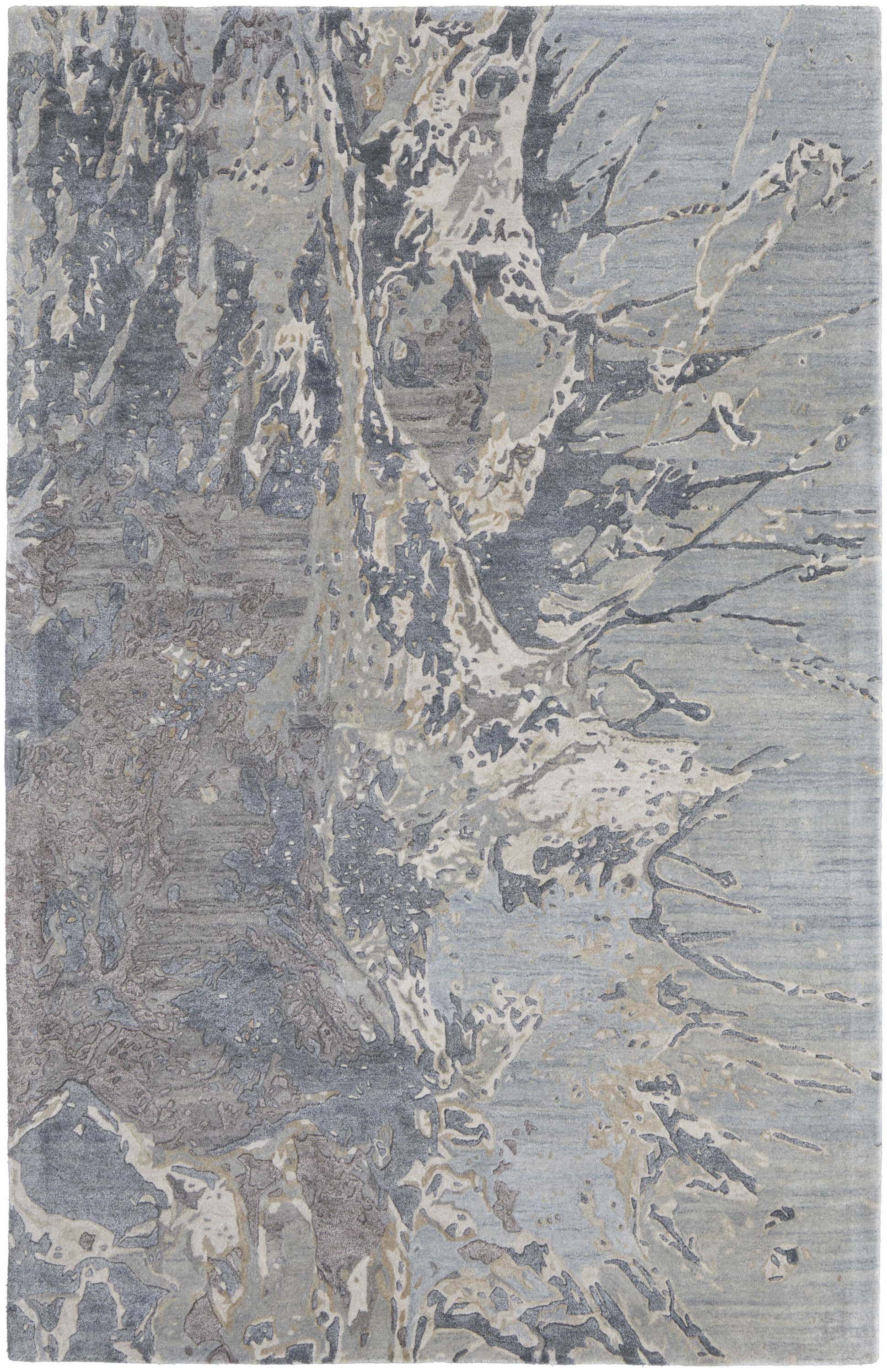 5' X 8' Ivory Taupe and Green Abstract Hand Tufted Worn Faded Area Rug