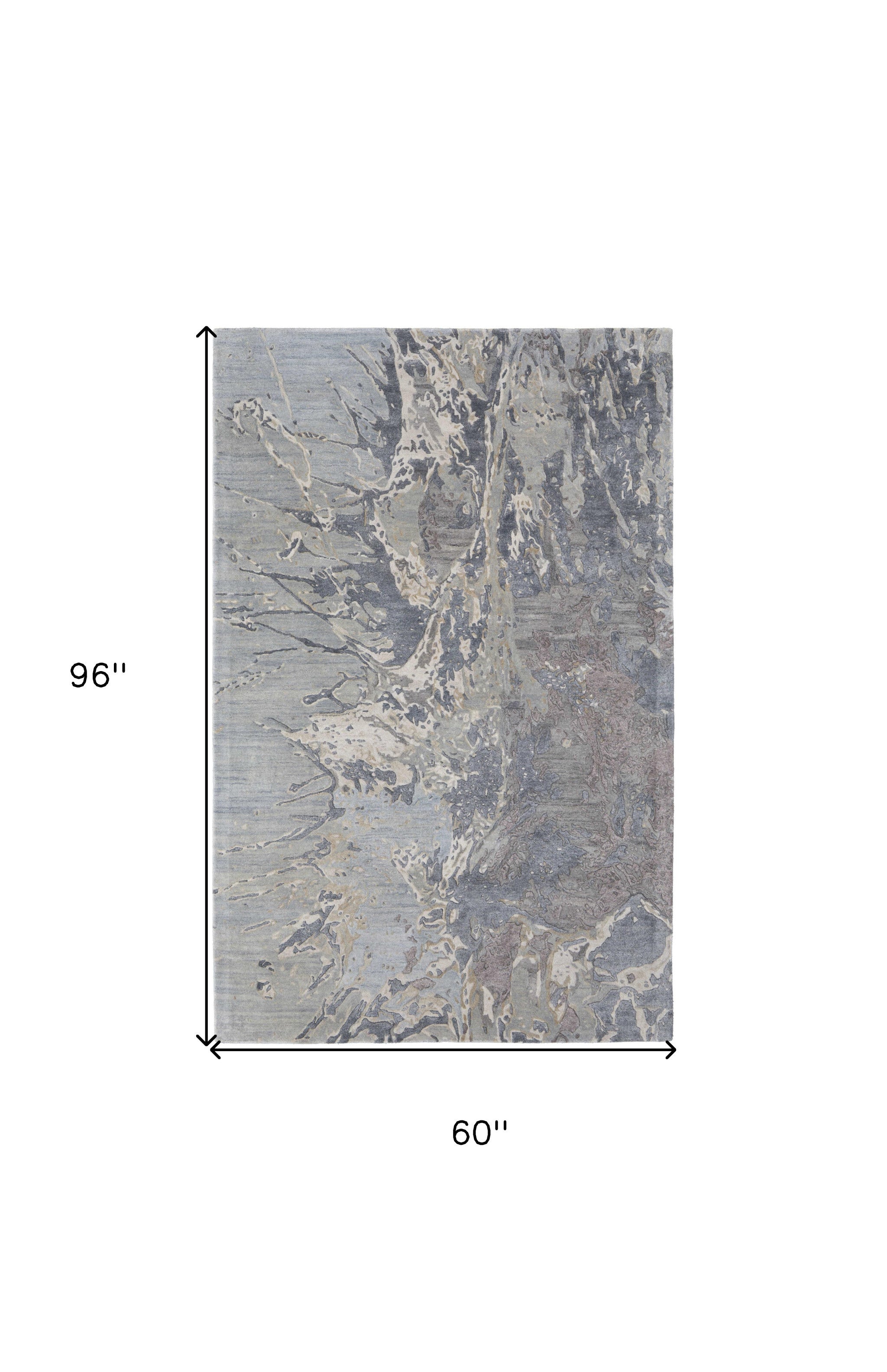 5' X 8' Ivory Taupe and Green Abstract Hand Tufted Worn Faded Area Rug