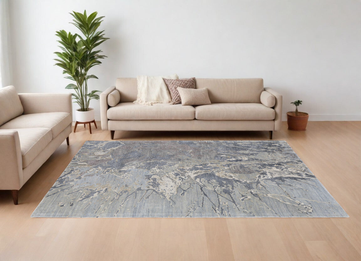 8' X 10' Ivory Taupe and Green Abstract Hand Tufted Worn Faded Area Rug