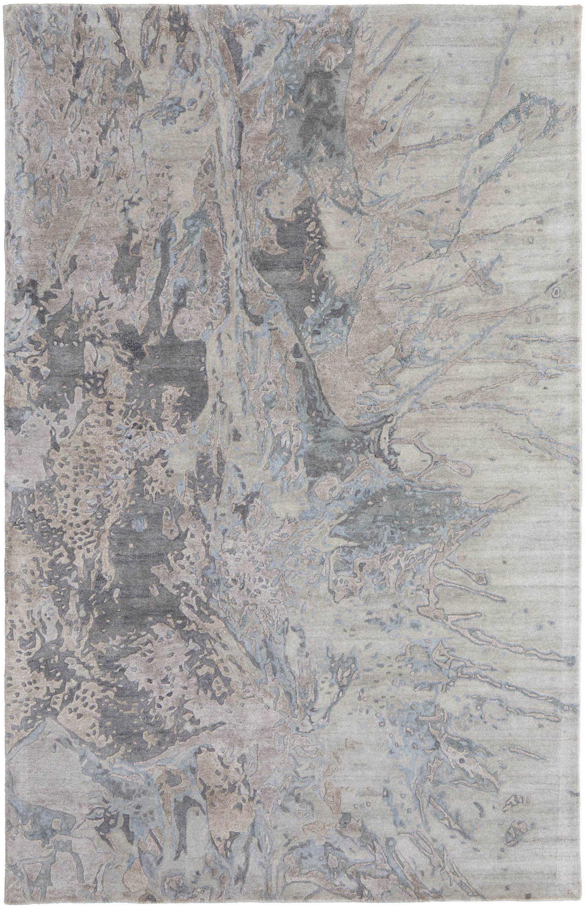 5' X 8' Gray Tan and Green Abstract Hand Tufted Worn Faded Area Rug