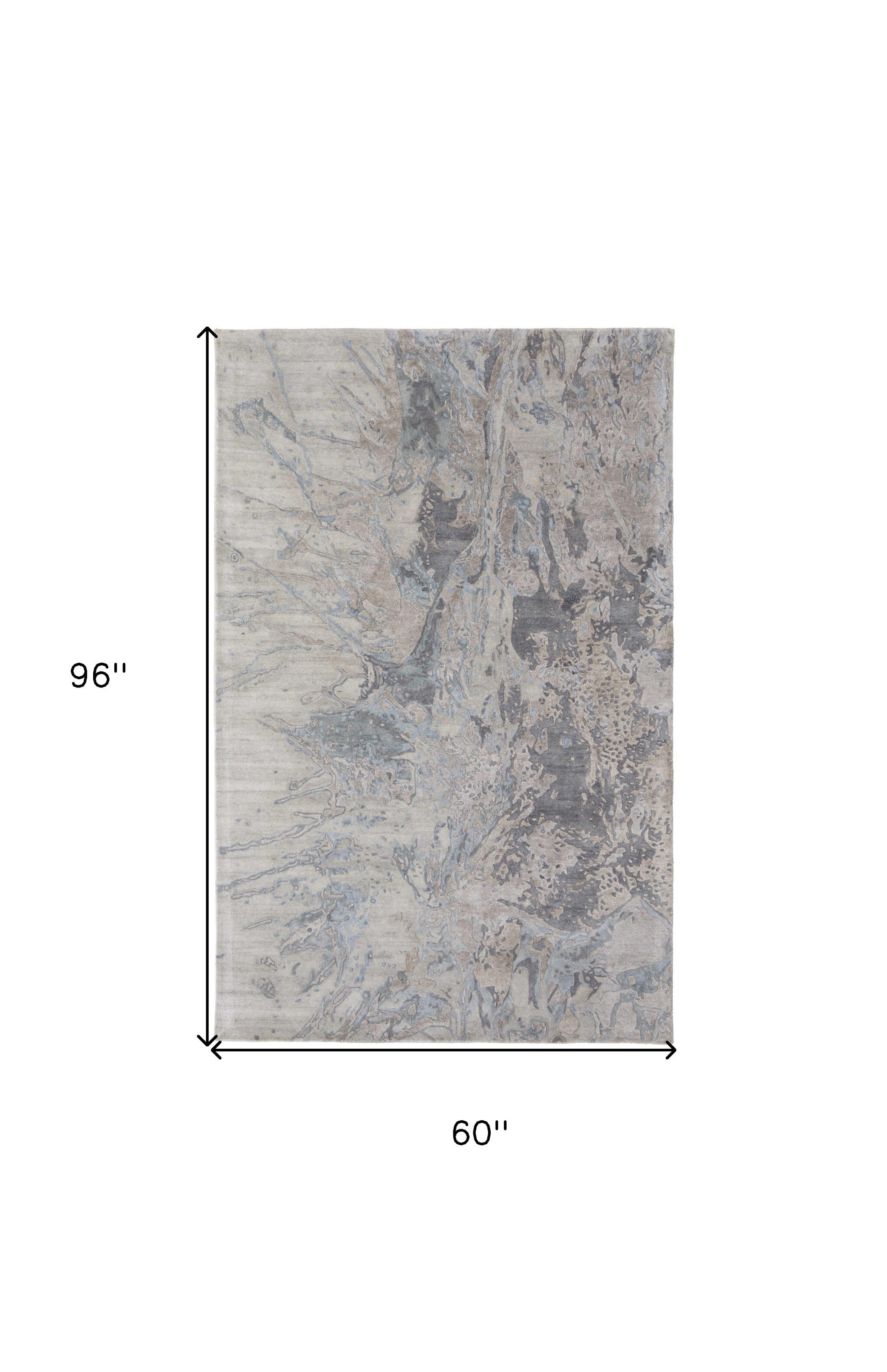 5' X 8' Gray Tan and Green Abstract Hand Tufted Worn Faded Area Rug