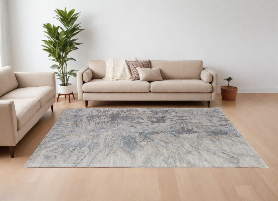 8' X 10' Gray Tan and Green Abstract Hand Tufted Worn Faded Area Rug