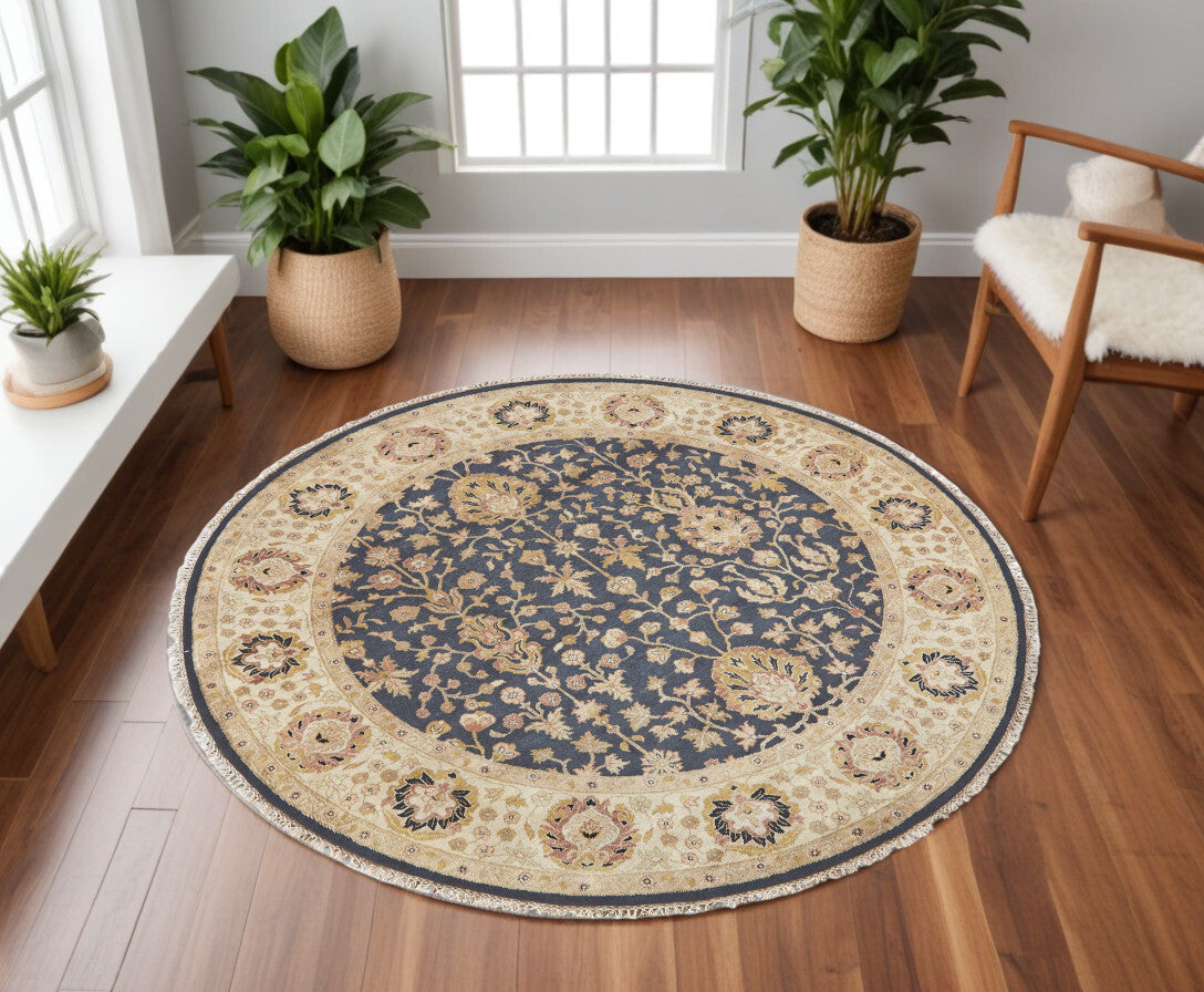 8' Black Brown and Gold Wool Oriental Hand Knotted Round Rug