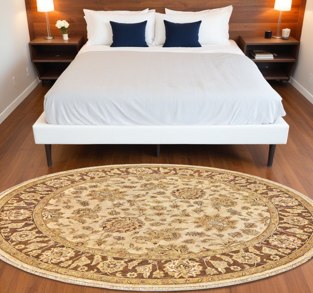 8' Ivory Gold and Brown Wool Oriental Hand Knotted Round Rug