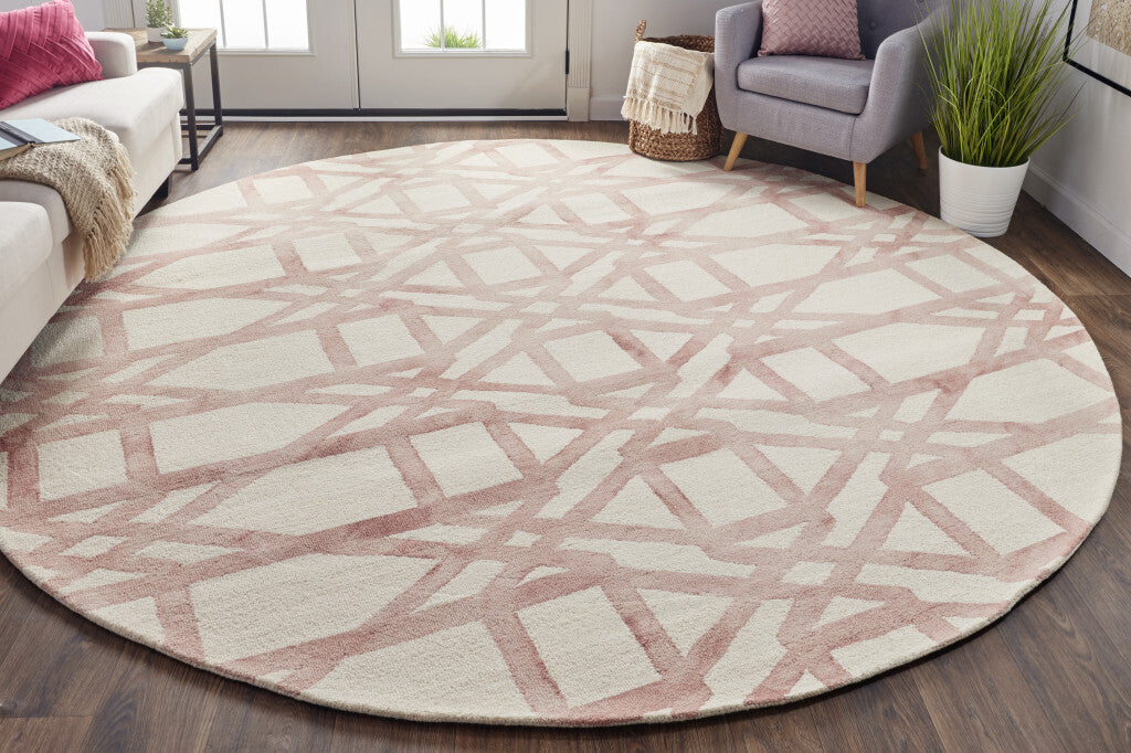 10' Pink and Ivory Wool Geometric Hand Tufted Round Rug