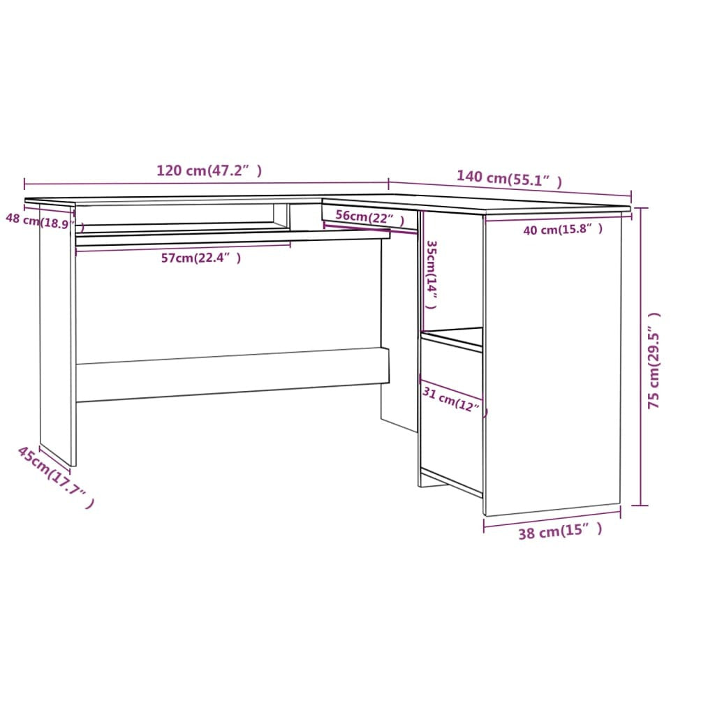 L-Shaped Corner Desk High Gloss Gray 47.2" x 55.1" x 29.5" Engineered Wood