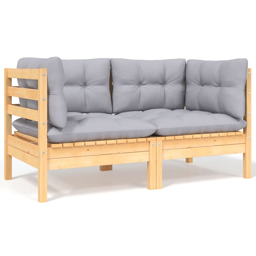 2-Seater Patio Sofa with Gray Cushions Solid Pinewood
