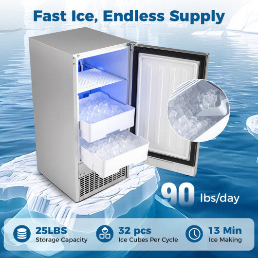 Commercial Under Counter Ice Maker 90 lbs/Day 15 Inch W Built-in - Color: Silver