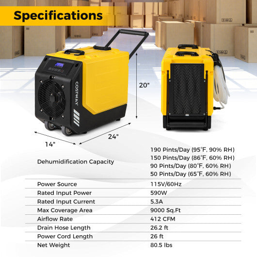 190 PPD Commercial Dehumidifier with Pump and 2 Wheels-Yellow - Color: Yellow