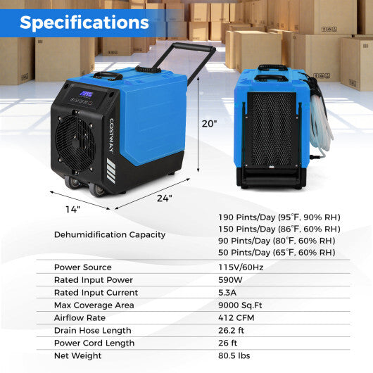 190 PPD Commercial Dehumidifier with Pump and 2 Wheels-Yellow