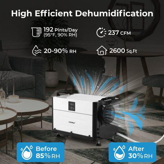 192 Pint Crawl Space Dehumidifier with 3 Modes and 24H Timer-White - Color: White