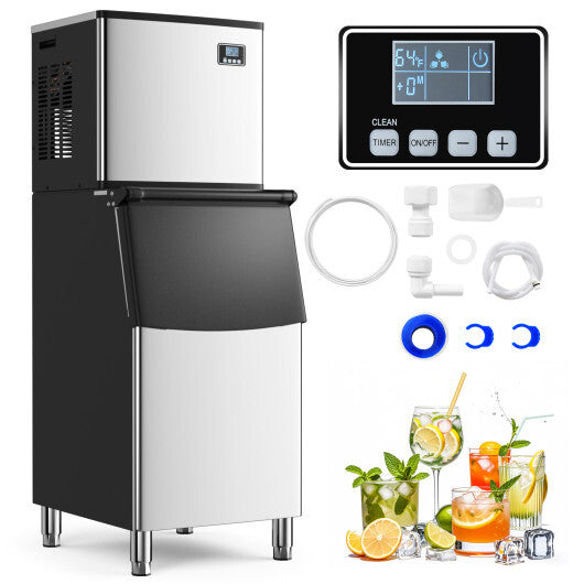 Commercial Ice Maker Machine 418 LBS/24H with 200 LBS Storage Bin-Silver - Color: Silver