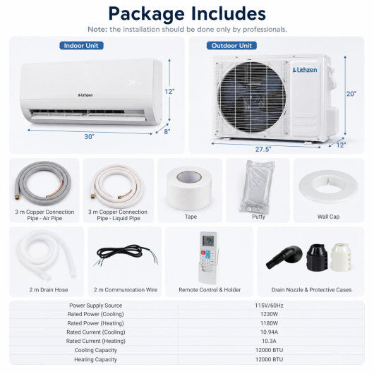 Lithzen 12000 BTU 115V 17 SEER2 Mini Split Air Conditioner and Heater WiFi Enabled
