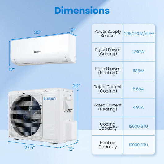 Lithzen 12000 BTU 208-230V 17 SEER2 Mini Split Air Conditioner and Heater WiFi Enabled - Color: White