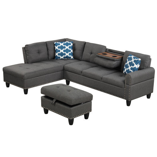 98 Inches Sectional Sofa Couch with Movable Storage Ottoman and Linen Fabric Backs-DG - Color: Dark Gray