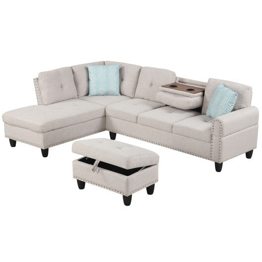 98 Inches Sectional Sofa Couch with Movable Storage Ottoman and Linen Fabric Backs-LR - Color: Beige