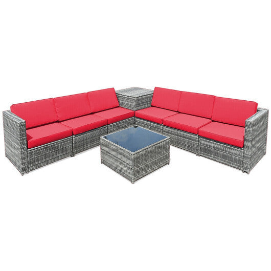 8 Piece Wicker Sofa Rattan Dinning Set Patio Furniture with Storage Table-Red - Color: Red
