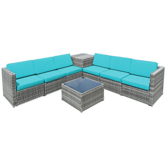 8 Piece Wicker Sofa Rattan Dinning Set Patio Furniture with Storage Table-Turquoise - Color: Turquoise